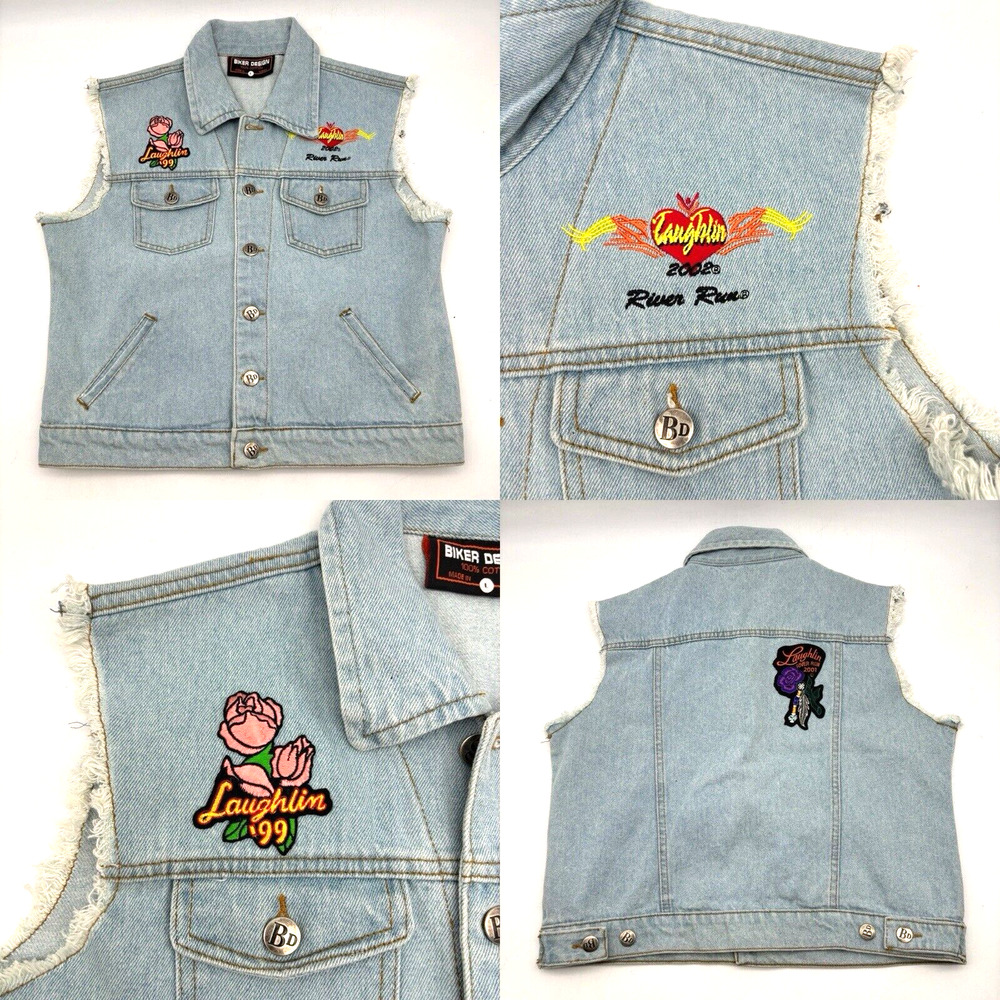 Vintage 90s Y2K Biker Design Light Wash Raw Hem River Run Patches Biker Vest L